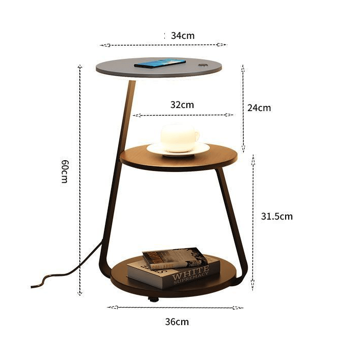 Table d'appoint double niveaux, design moderne, bois et acier, fonctionnelle pour salon, rangement pratique et esthétique.