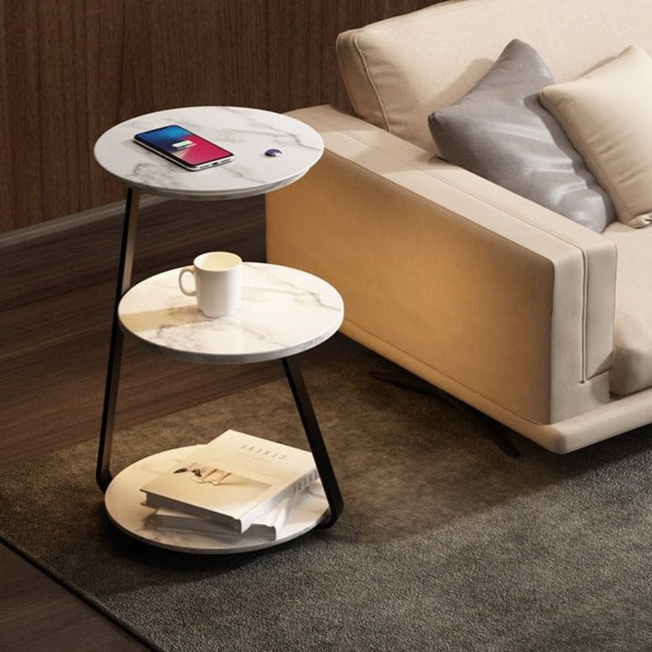 Table d'appoint double niveaux, design moderne, bois et acier, fonctionnelle pour salon, rangement pratique et esthétique.