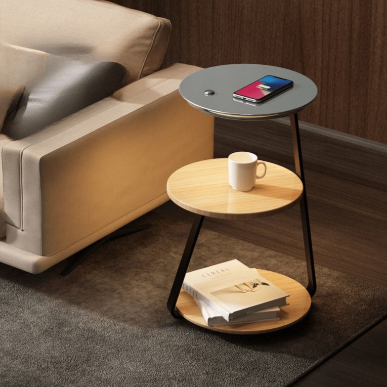 Table d'appoint double niveaux, design moderne, bois et acier, fonctionnelle pour salon, rangement pratique et esthétique.