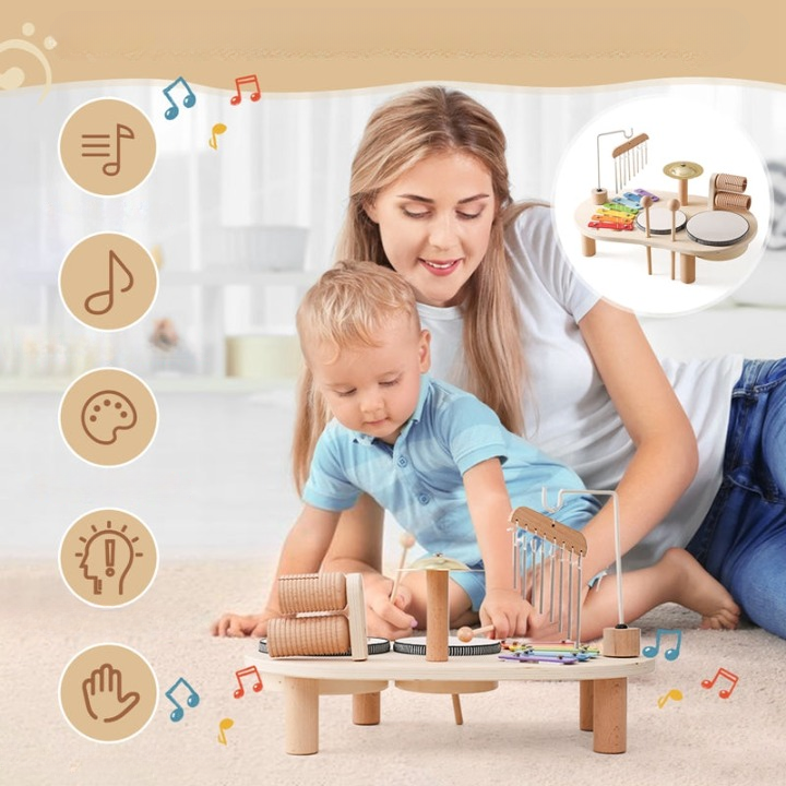 Table de musique en bois pour tout-petits avec xylophone et tambours, couleurs vives, stimule créativité et sens enfantins.