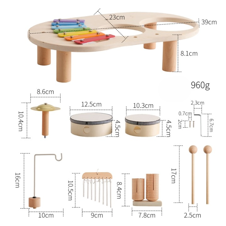 Table de musique en bois pour tout-petits avec xylophone et tambours, couleurs vives, stimule créativité et sens enfantins.