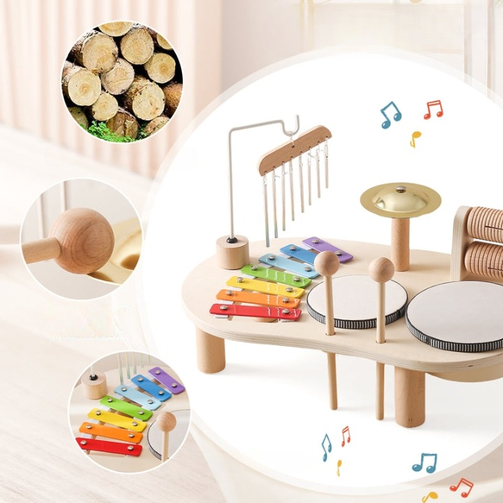 Table de musique en bois pour tout-petits avec xylophone et tambours, couleurs vives, stimule créativité et sens enfantins.