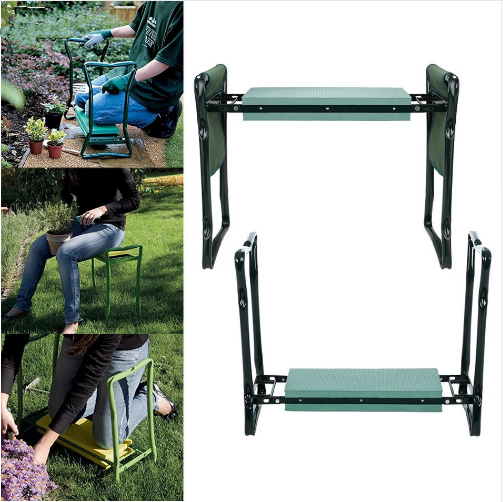 Tabouret jardin pliable avec sac intégré. Siège confortable et robuste pour jardinage.
