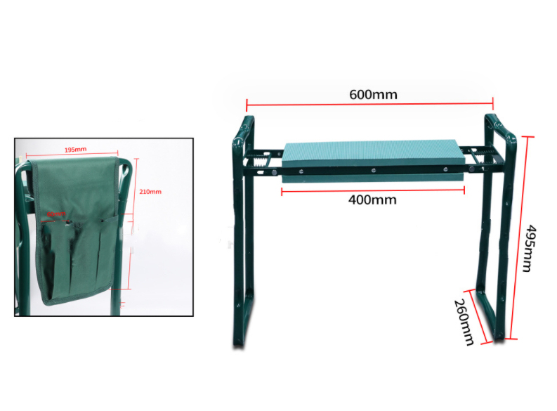 Tabouret jardin pliable avec sac intégré. Siège confortable et robuste pour jardinage.