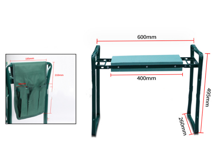 Tabouret jardin pliable avec sac intégré. Siège confortable et robuste pour jardinage.