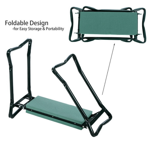 Tabouret jardin pliable avec sac intégré. Siège confortable et robuste pour jardinage.