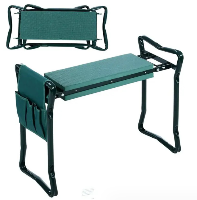 Tabouret jardin pliable avec sac intégré. Siège confortable et robuste pour jardinage.