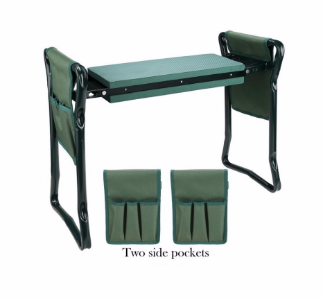 Tabouret jardin pliable avec sac intégré. Siège confortable et robuste pour jardinage.