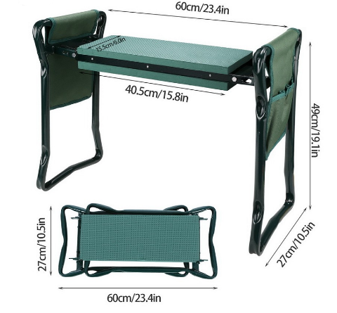 Tabouret jardin pliable avec sac intégré. Siège confortable et robuste pour jardinage.