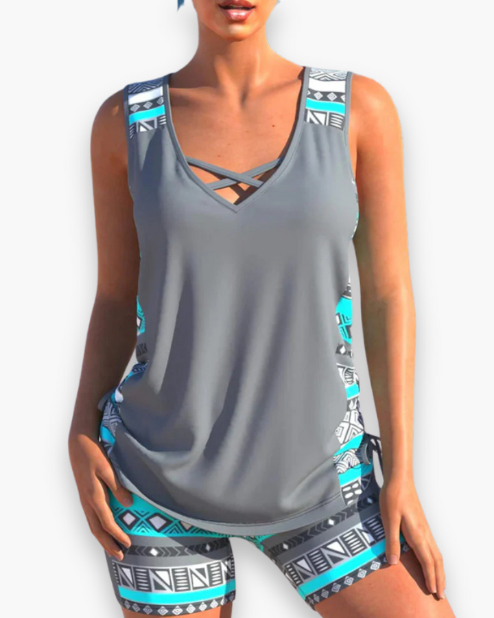"Tankini élégant femme deux pièces, coupe flatteuse, matière douce, idéal pour plage et piscine, confort et style assurés."