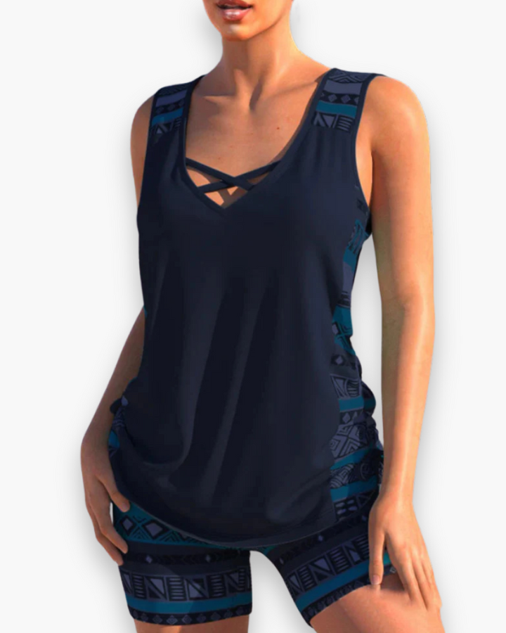 "Tankini élégant femme deux pièces, coupe flatteuse, matière douce, idéal pour plage et piscine, confort et style assurés."