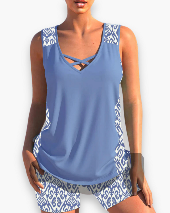 "Tankini élégant femme deux pièces, coupe flatteuse, matière douce, idéal pour plage et piscine, confort et style assurés."