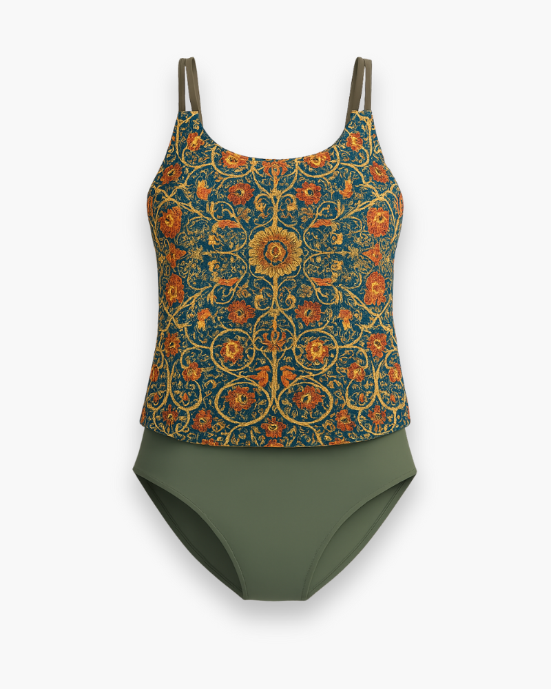 "Tankini féminin bleu élégant, design raffiné, épuré, confort optimal pour l'été, parfait pour plage et piscine."