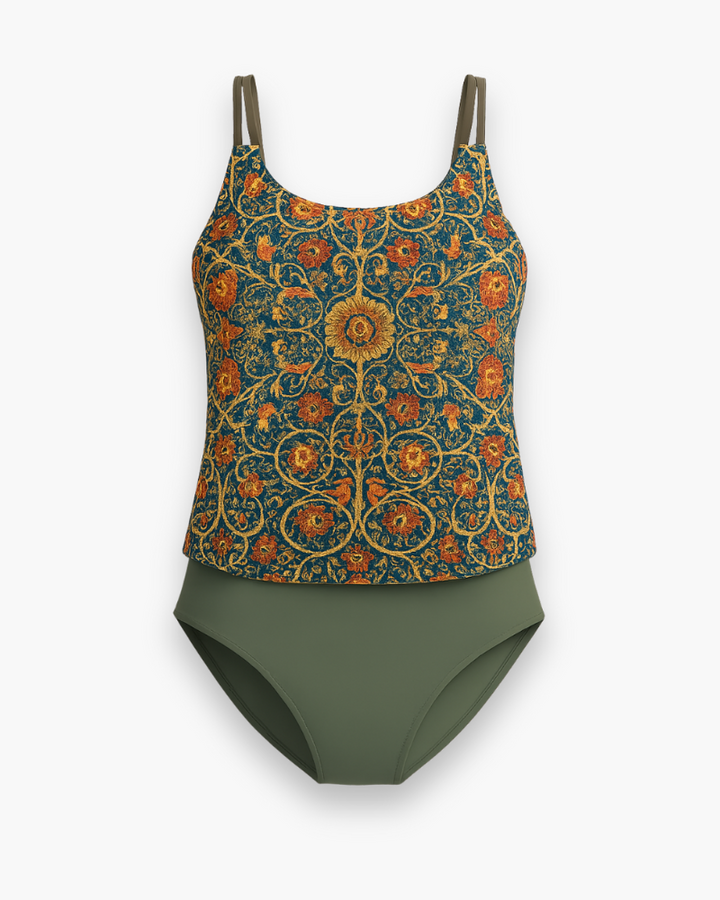 "Tankini féminin bleu élégant, design raffiné, épuré, confort optimal pour l'été, parfait pour plage et piscine."