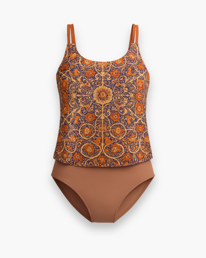 "Tankini féminin bleu élégant, design raffiné, épuré, confort optimal pour l'été, parfait pour plage et piscine."