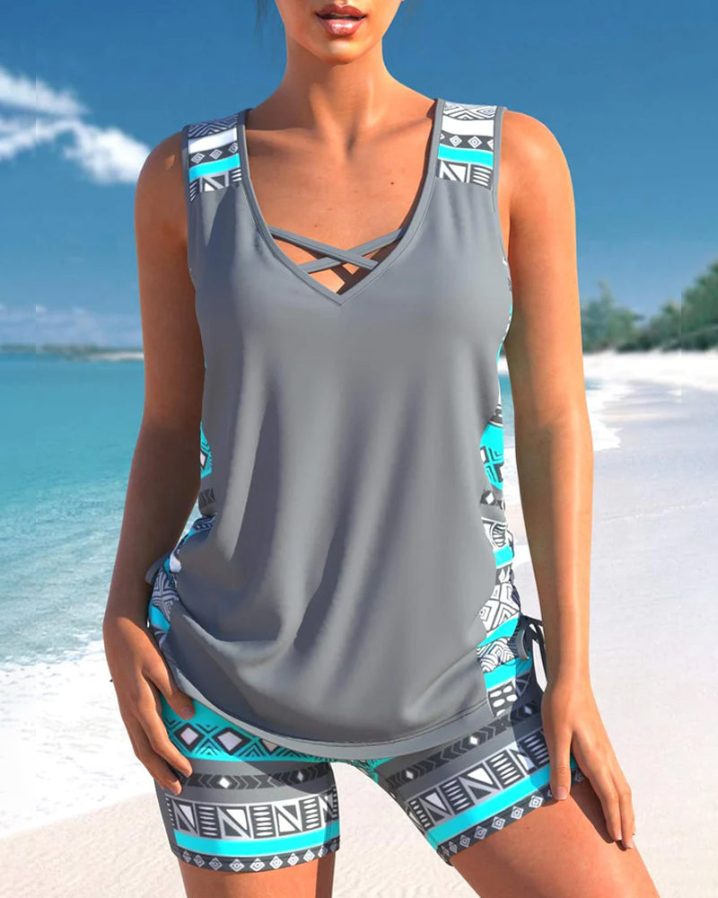 Tankini femme élégant motif géométrique pour plage & piscine, confort optimal.