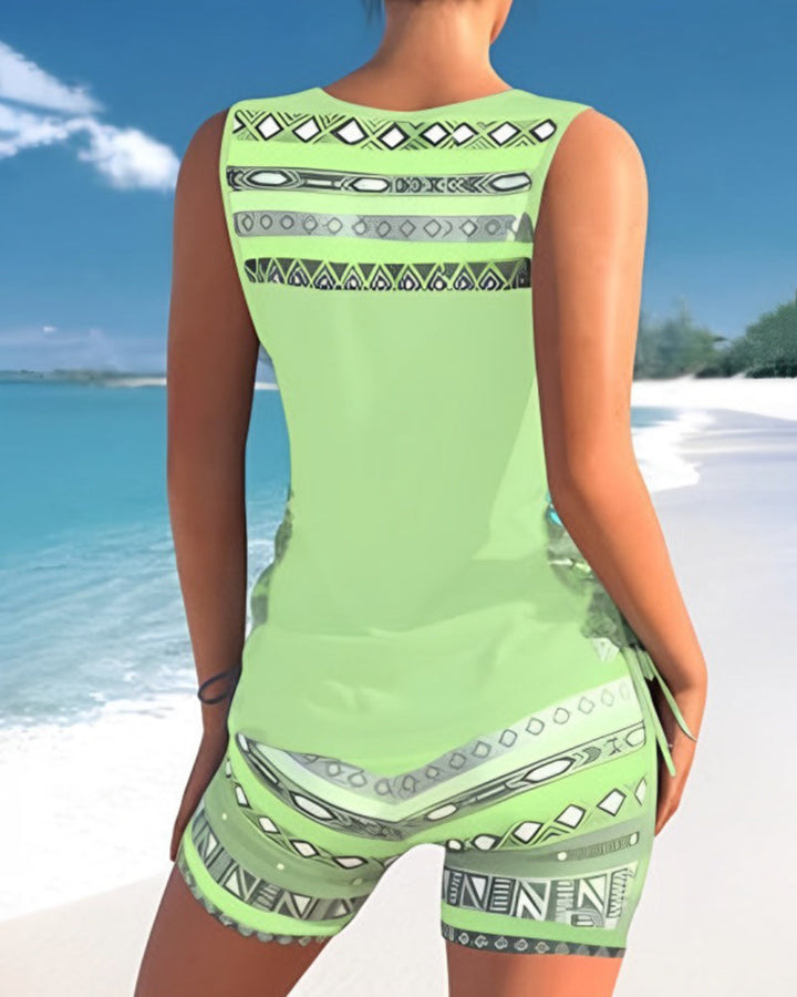 Tankini femme stylé motifs géométriques, maillot de bain confortable deux-pièces pour l'été.