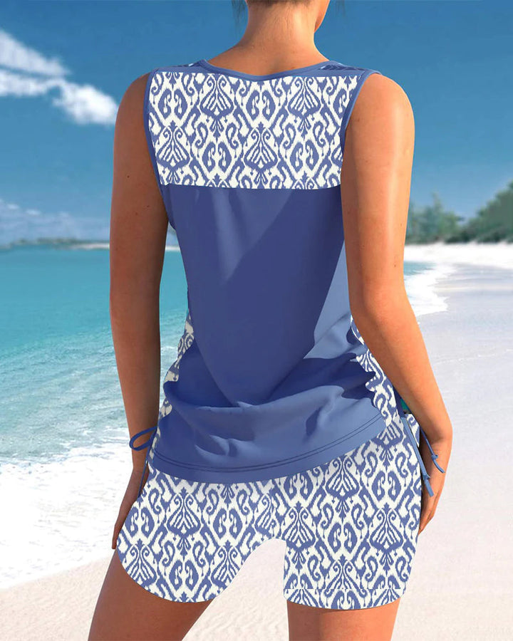 Tankini femme pour la détente à la piscine ou plage, motifs géométriques et grand confort.