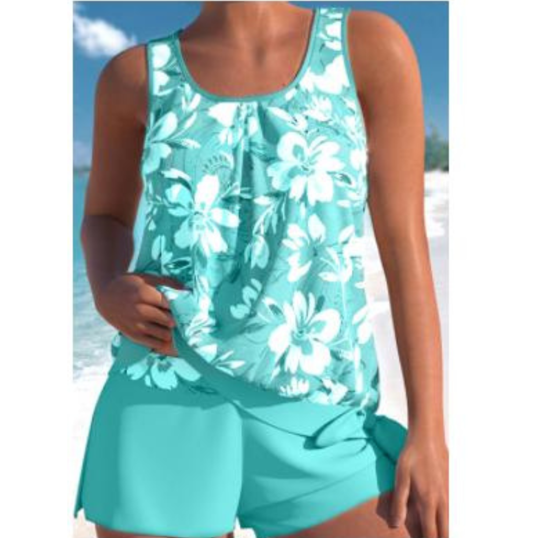 Tankini fleuri femme avec short, idéal pour la plage ou piscine et un confort estival.