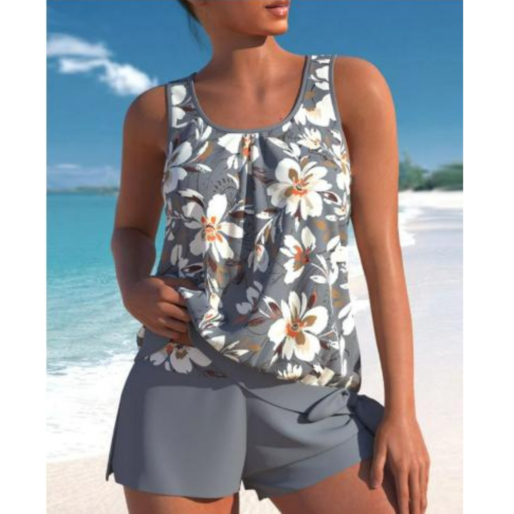 Maillot de bain tankini floral pour femme et son short, parfait pour l'été et les vacances.