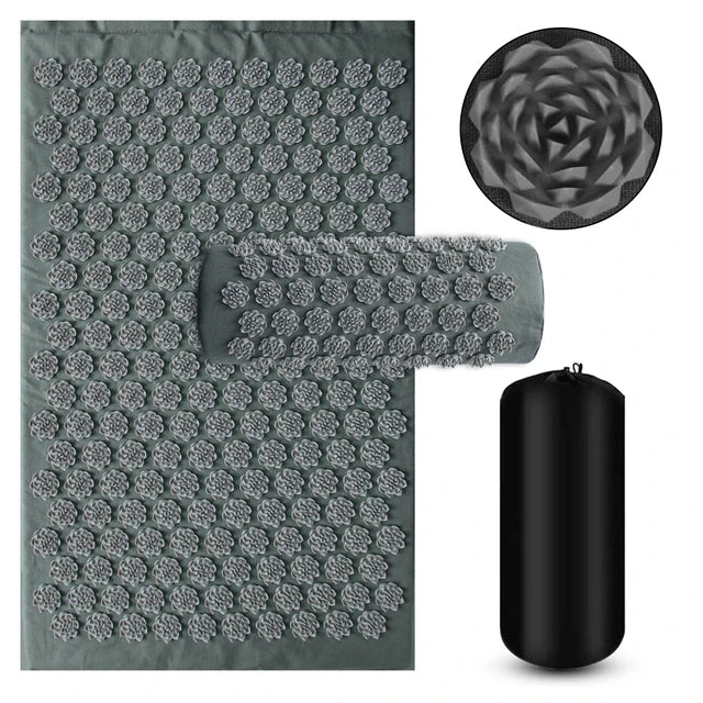 "Tapis acupression relaxant gris avec points d'acupression pour massage et bien-être, soulage stress et douleurs"