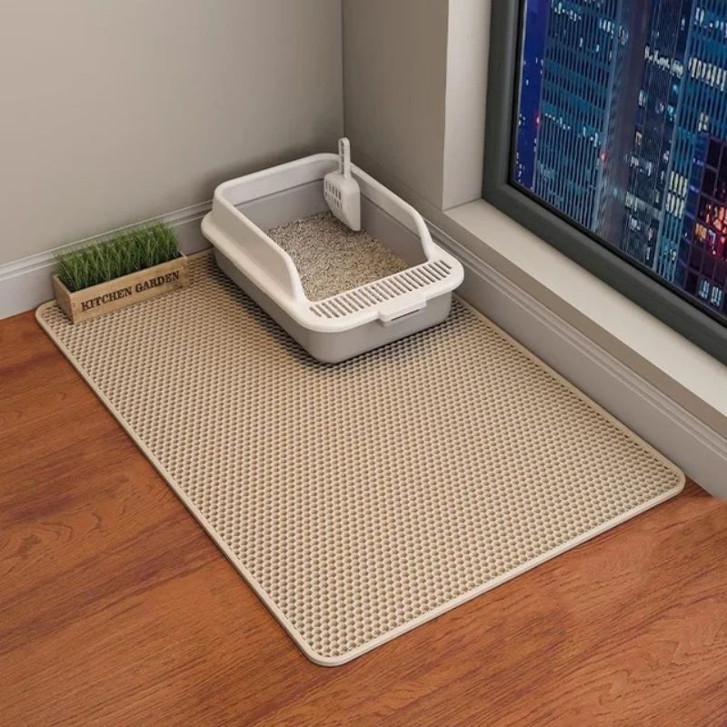 Tapis alvéolé imperméable antidérapant pour litière chat.  Protège sols, récupère litière.