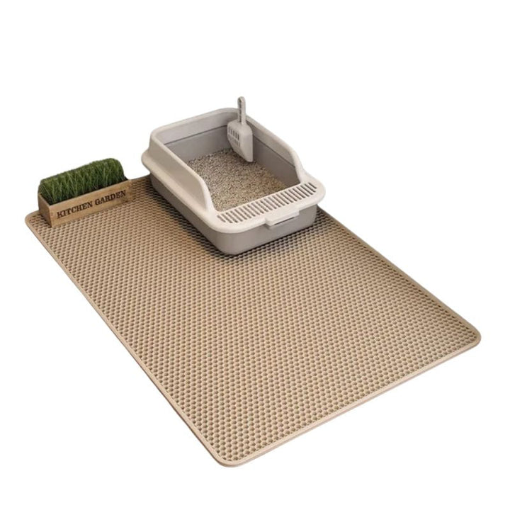 Tapis alvéolé imperméable antidérapant pour litière chat.  Protège sols, récupère litière.