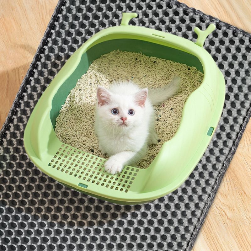 Tapis alvéolé imperméable antidérapant pour litière chat.  Protège sols, récupère litière.