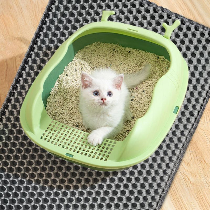 Tapis alvéolé imperméable antidérapant pour litière chat.  Protège sols, récupère litière.