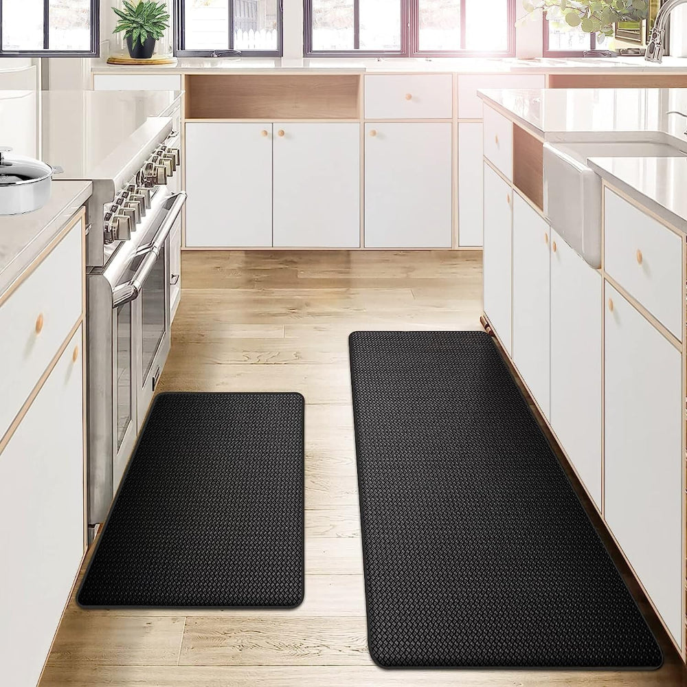 "Tapis de cuisine noir, antifatigue, ergonomique, antidérapant, soulage pieds, design élégant, bords biseautés"