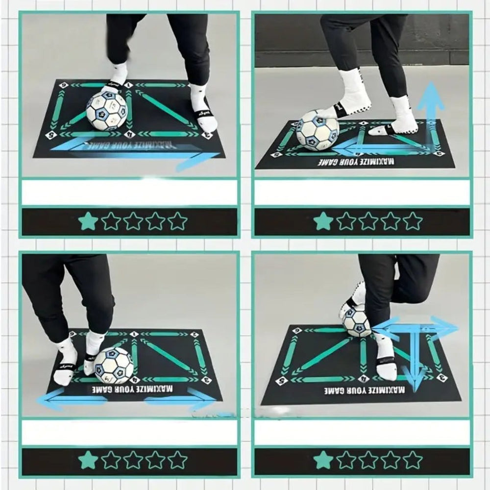 "Tapis d'entraînement interactif pour enfants, surface texturée, zones de cibles, améliorant le contrôle du ballon."