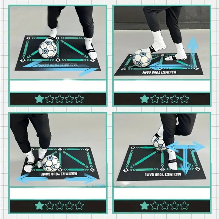 "Tapis d'entraînement interactif pour enfants, surface texturée, zones de cibles, améliorant le contrôle du ballon."