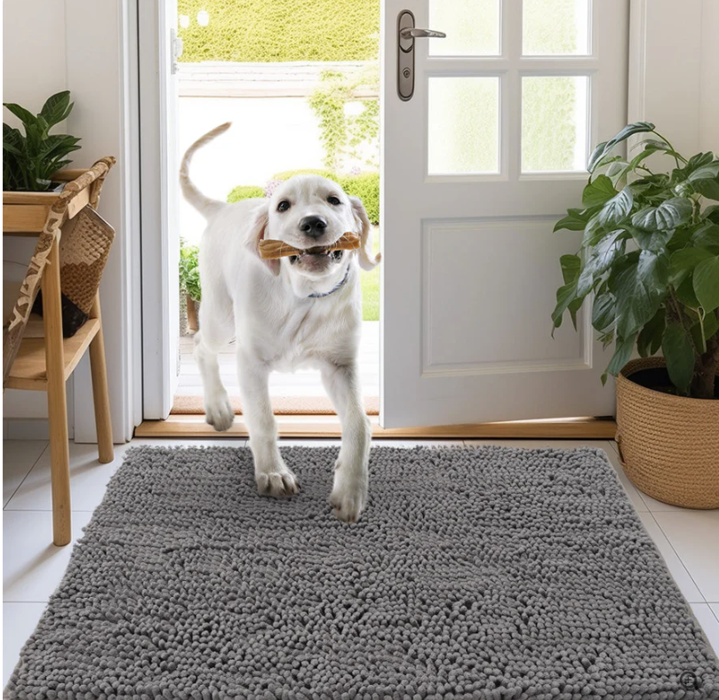 "Tapis microfibre ultra-absorbant pour chien, lavable, antidérapant, gris, idéal pour maison propre et sèche."