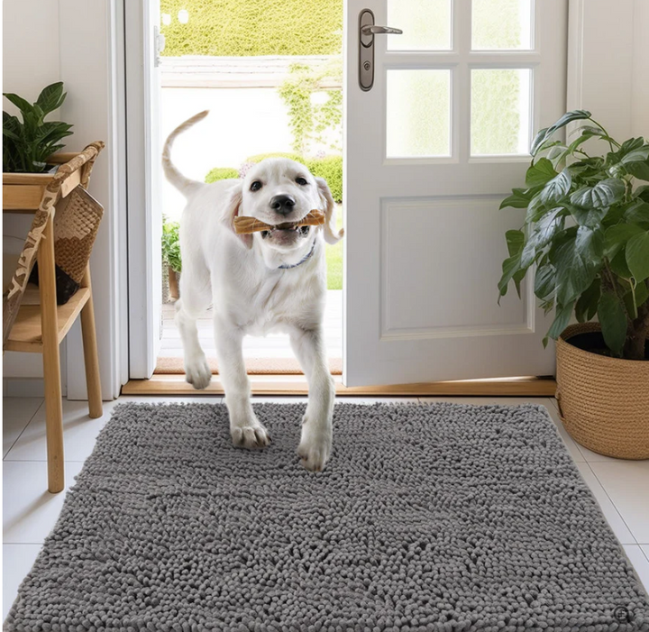 "Tapis microfibre ultra-absorbant pour chien, lavable, antidérapant, gris, idéal pour maison propre et sèche."