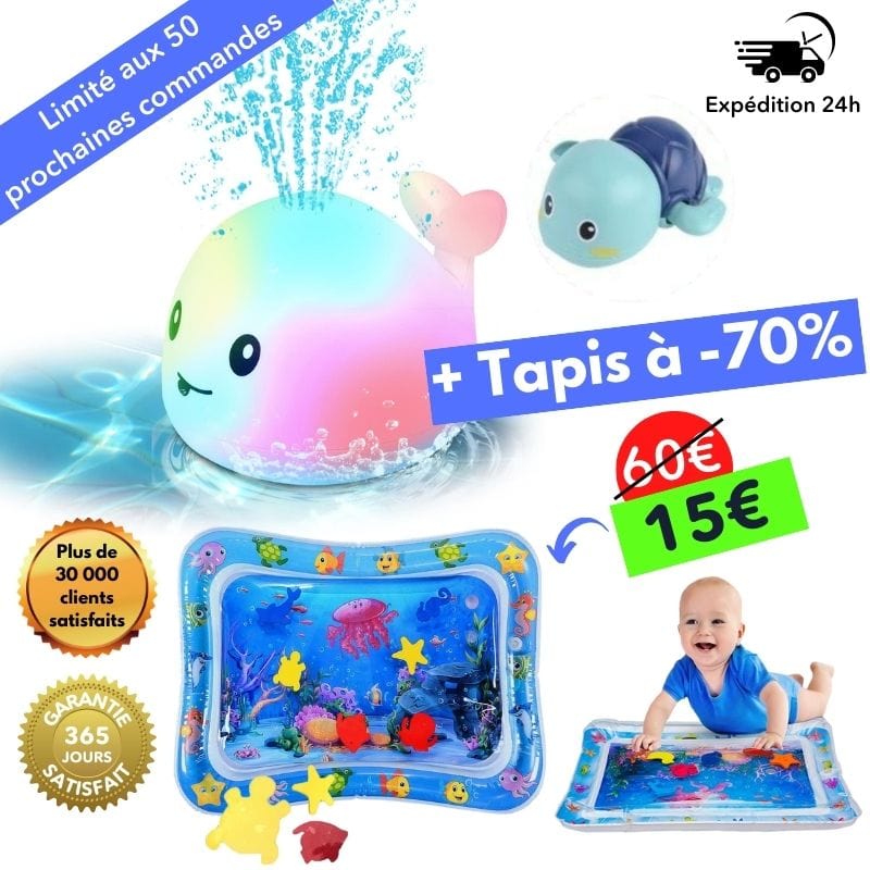 Jouet de bain baleine Mila pour bébé, avec lumières. Idéal pour l'éveil et le divertissement des enfants dans l'eau.