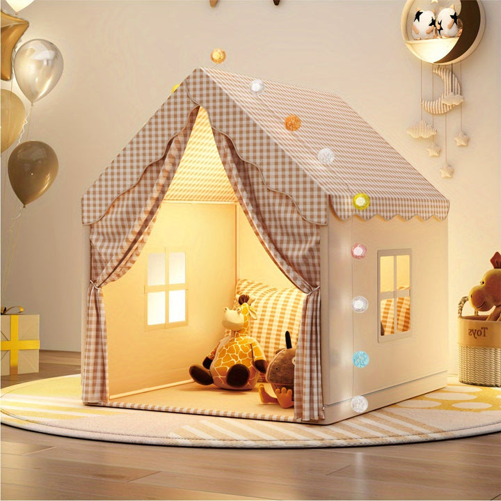 "Tente Château Enfant beige/kaki, polyester PVC, crée un espace magique de jeu intérieur, stimule l'imagination des enfants."