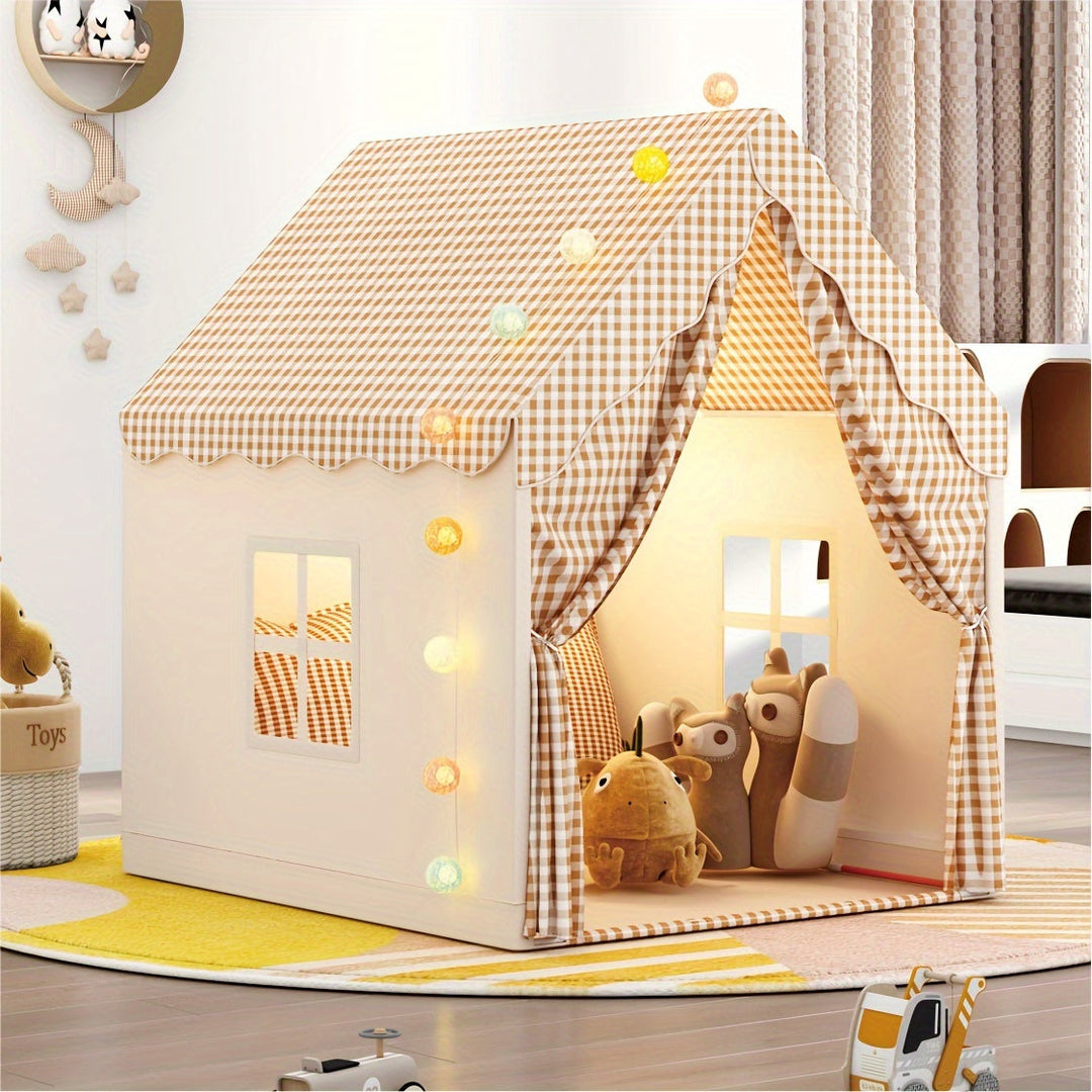 "Tente Château Enfant beige/kaki, polyester PVC, crée un espace magique de jeu intérieur, stimule l'imagination des enfants."