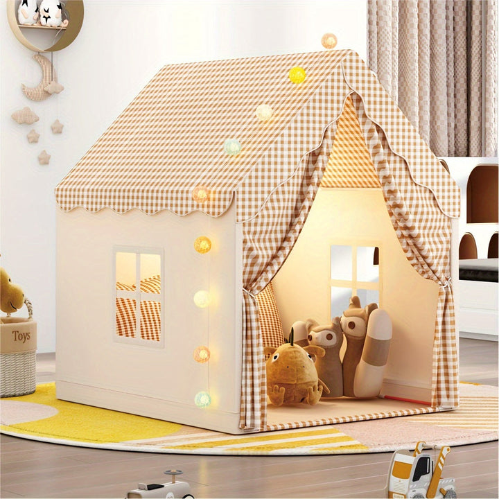 "Tente Château Enfant beige/kaki, polyester PVC, crée un espace magique de jeu intérieur, stimule l'imagination des enfants."