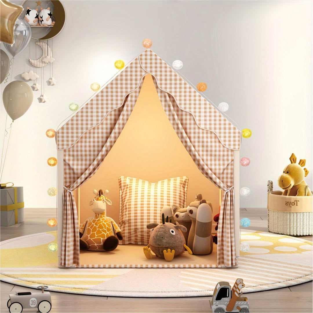 "Tente Château Enfant beige/kaki, polyester PVC, crée un espace magique de jeu intérieur, stimule l'imagination des enfants."
