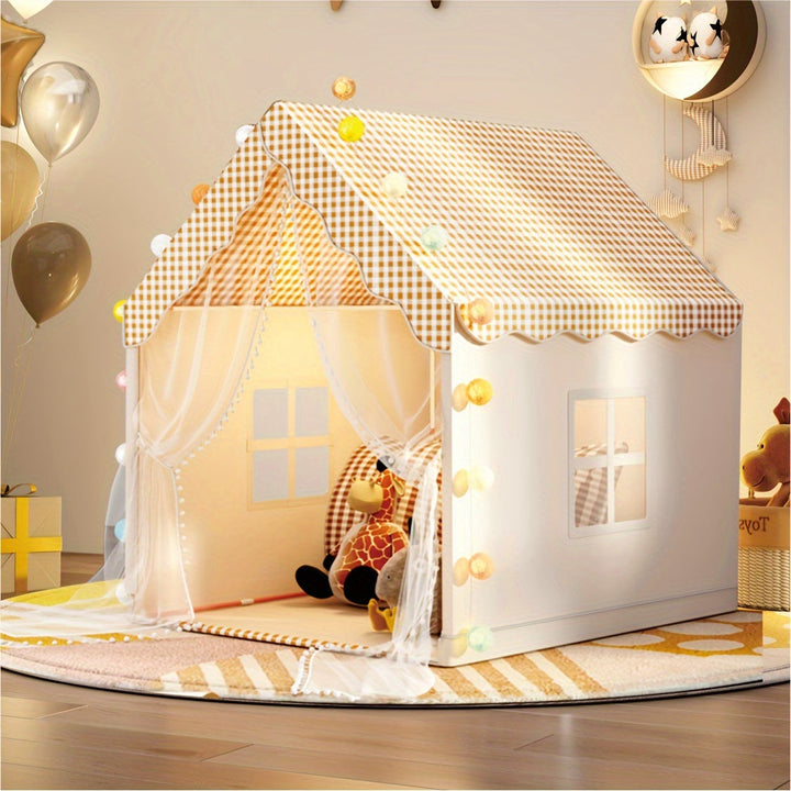 "Tente Château Enfant beige/kaki, polyester PVC, crée un espace magique de jeu intérieur, stimule l'imagination des enfants."