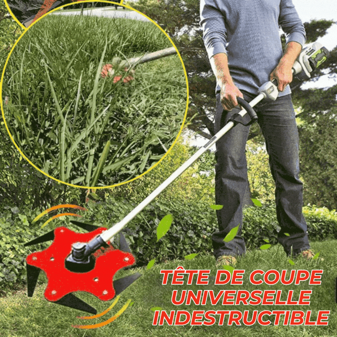 Tête de coupe indestructible 6 lames acier. Universelle, robuste, pour débroussailleuse. Coupe nette, efficace.