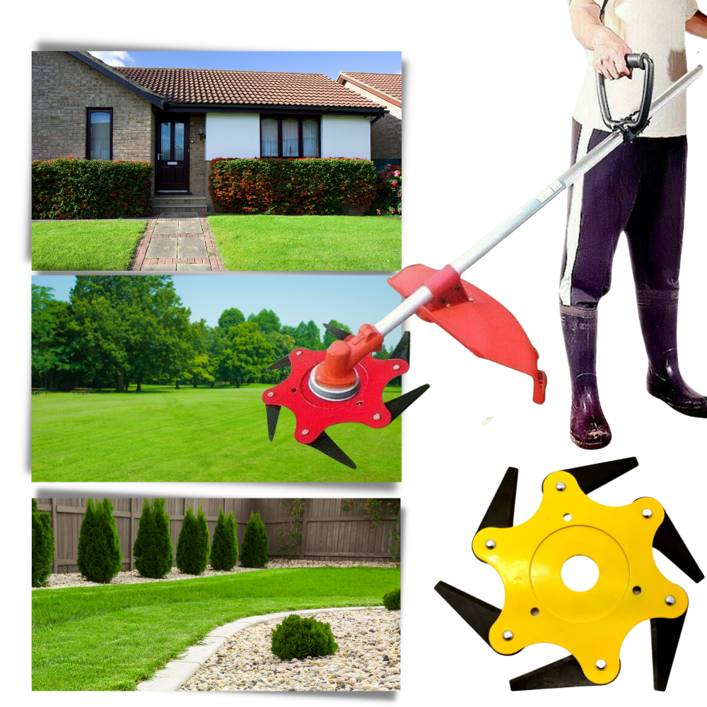 "Tête de débroussailleuse à 6 lames en acier, haute qualité, pour jardinage, coupe précise et durable, couleurs vives."