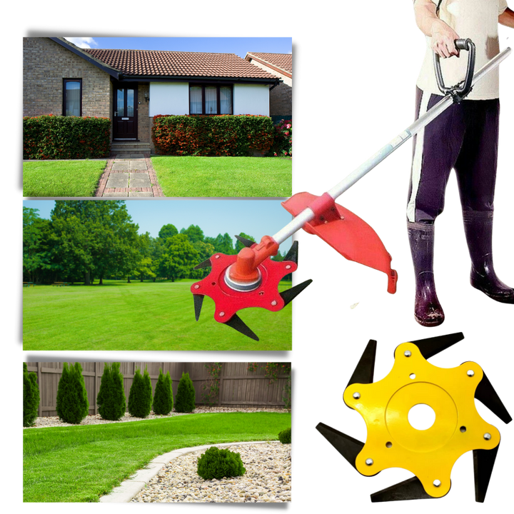 "Tête de débroussailleuse à 6 lames en acier, haute qualité, pour jardinage, coupe précise et durable, couleurs vives."