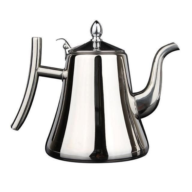 Théière induction en acier inoxydable argenté/doré avec filtre intégré, design élégant pour cuisine moderne.