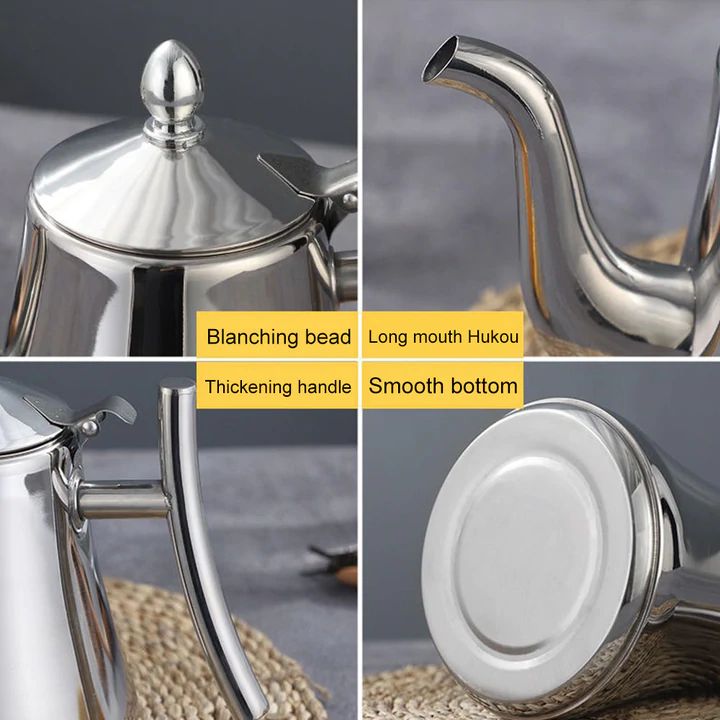 Théière induction en acier inoxydable argenté/doré avec filtre intégré, design élégant pour cuisine moderne.