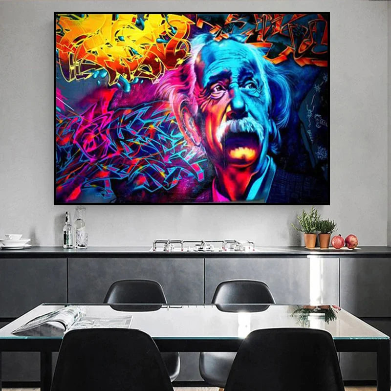 Toile art mural: Einstein graffiti. Décoration salon moderne. Impression haute qualité, couleurs vives.