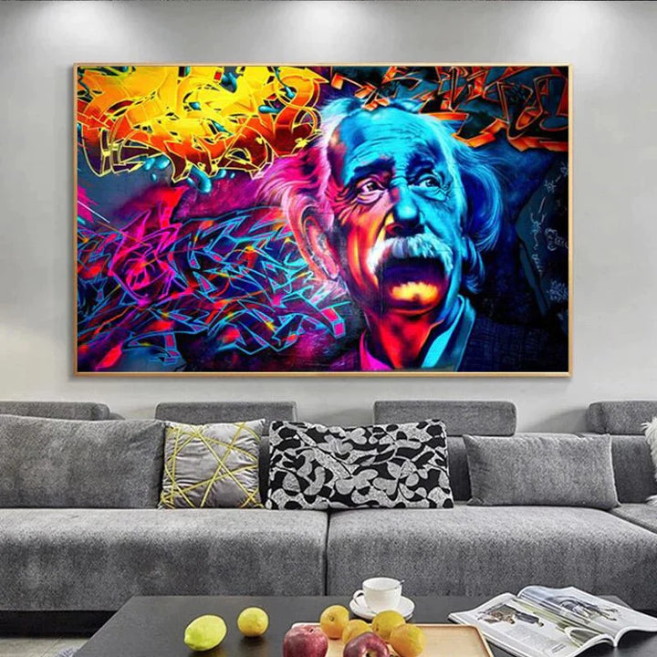 Toile art mural: Einstein graffiti. Décoration salon moderne. Impression haute qualité, couleurs vives.