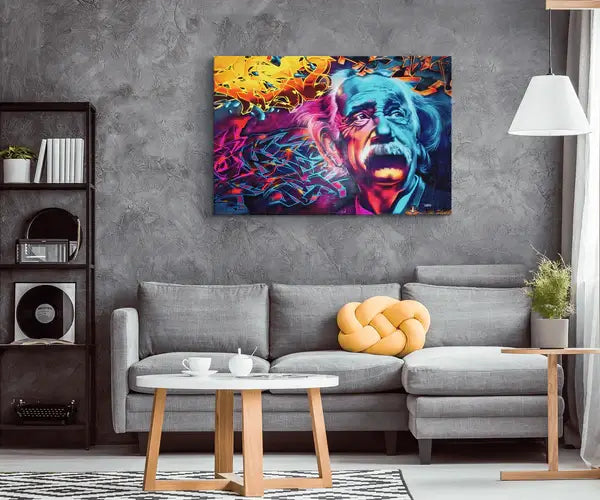 Toile art mural: Einstein graffiti. Décoration salon moderne. Impression haute qualité, couleurs vives.