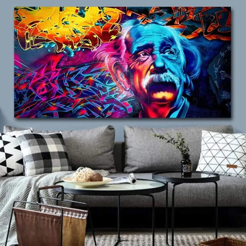 Toile art mural: Einstein graffiti. Décoration salon moderne. Impression haute qualité, couleurs vives.