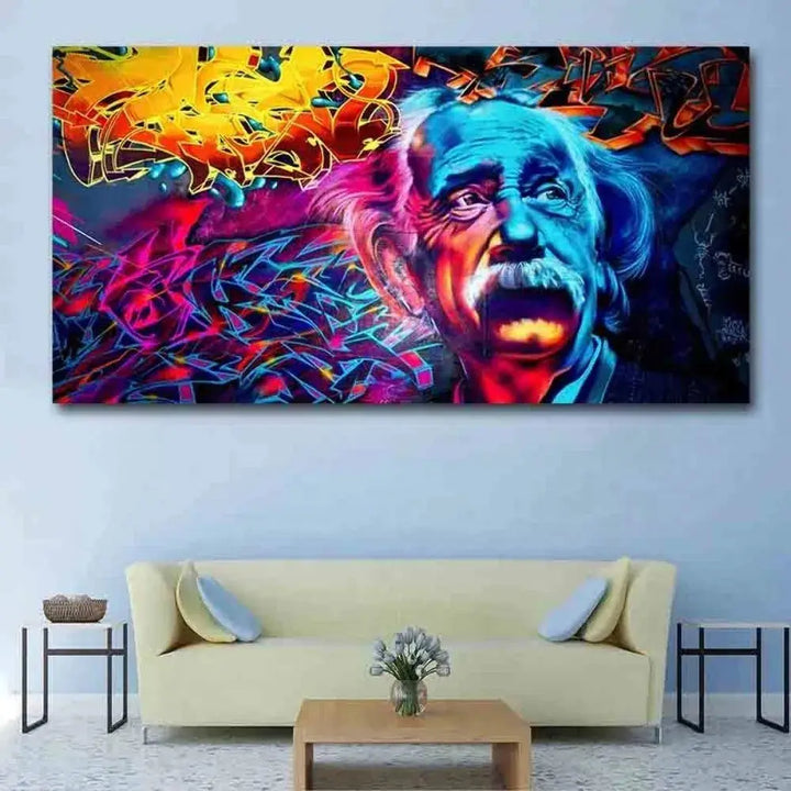 Toile art mural: Einstein graffiti. Décoration salon moderne. Impression haute qualité, couleurs vives.